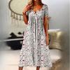 QICED Spring New Popular Printed O-neck Button Short-sleeved Dress Women's Pockets Long Dresses