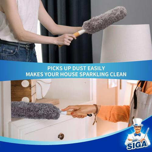 MR.SIGA Lint-Free Duster with Bamboo Handle and Interchangeable Heads, Washable Microfiber Duster for Household Cleaning