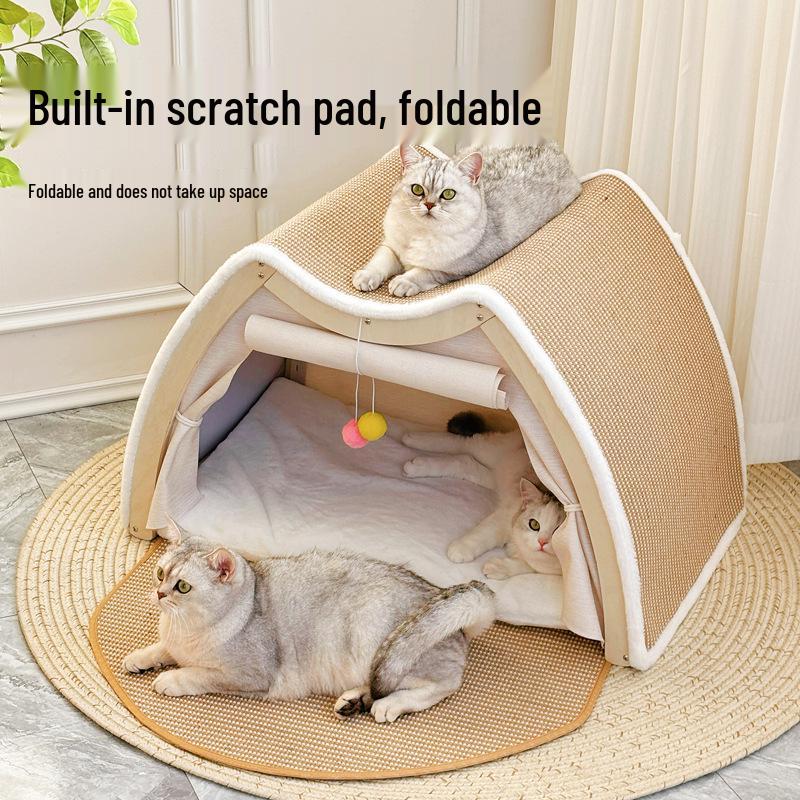 Super Large All-Season Cat & Dog House: Sisal Scratching Board, Solid Wood Enclosed Bed, Cat Tent Villa