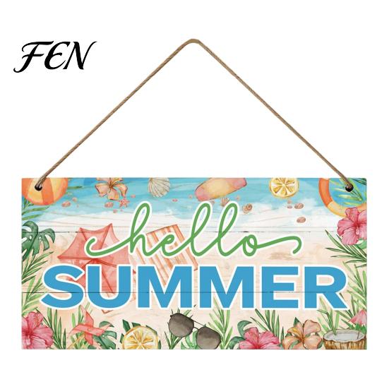 Summer Hanging Ornament Wooden Sign, Beach Theme Welcome Sign Front Door Decor with Themed Gifts Rope, Colorful Hanger for Seasonal Farmhouse