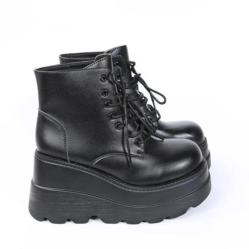 Женские ботильоны из лакированной кожи на танкетке, женские ботильоны до щиколотки, нескользящая платформа на шнуровке, женская обувь в британском стиле, трендовые боты