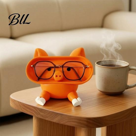 Cute Animal Desk Decor Cartoon Pig Glasses Holder, 3D Printed Phone Stand Desktop Organizer, Storage Box Stable Decorative Ornament for Office