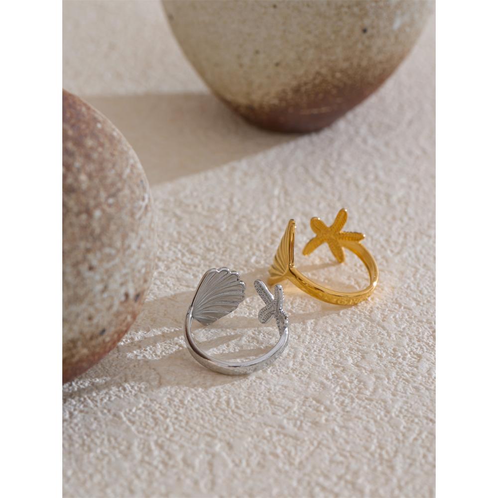 Yhpup Ocean Style Stainless Steel Metal Shell Starfish Adjustable Summer Ring for Women Beach Charm Finger Jewelry High Quality