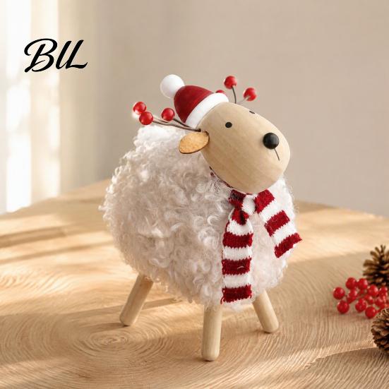 Durable Wood Tabletop Decor Wooden Christmas Sheep Figurine with Scarf Santa Hat, Plush Fleece Cute Animal Table Decorations Lamb Ornament,