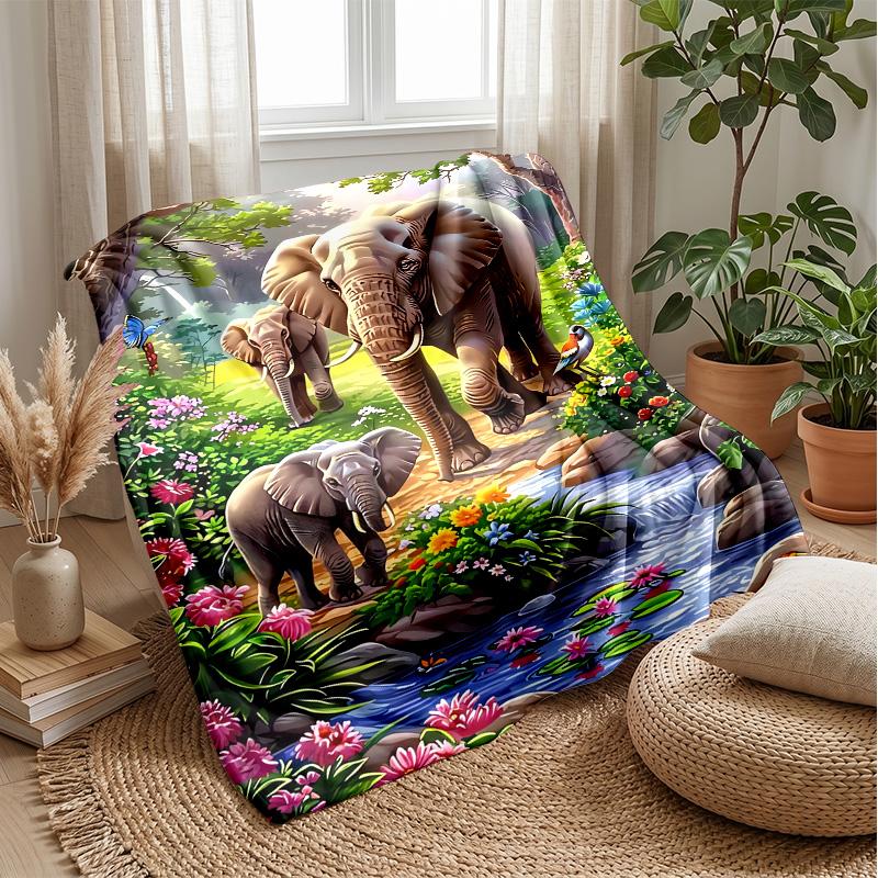Elephants in Forest Paradise Theme blanket Lightweight Warm Flannel Blanket Decorative Throw Blanket for Home Decoration