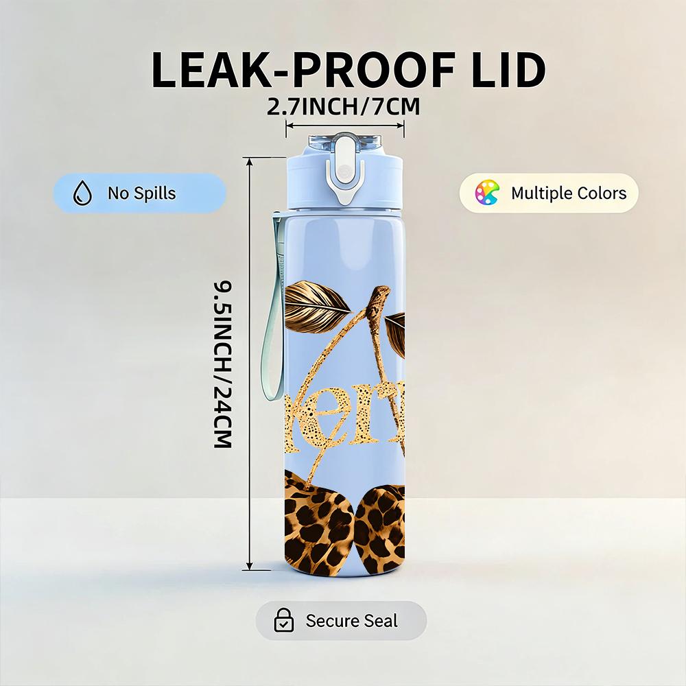 1PC Leopard Cherry Gold Letter Graphic,750ml Color Plastic Sports Water Bottle,Leakproof Flip Straw Lid,Suitable for Sports Office Home Use