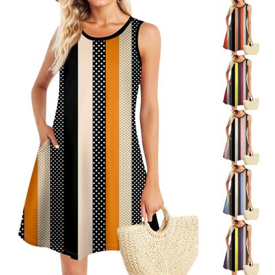 Летние платья для женщин Пляжный Бохо без рукавов Винтажный принт Футболка с карманами Сарафаны-майки