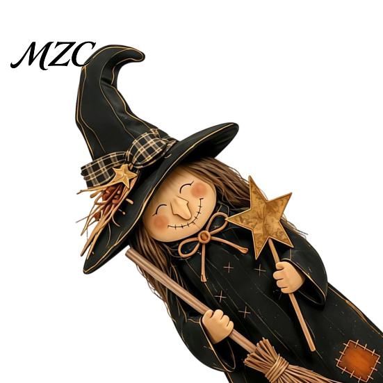 Autumn Seasonal Decorations for Mantle Wooden Witch Ornament, Retro Halloween Figurine with Broom/Pumpkin/Black Detailed Carving Cat, Creative
