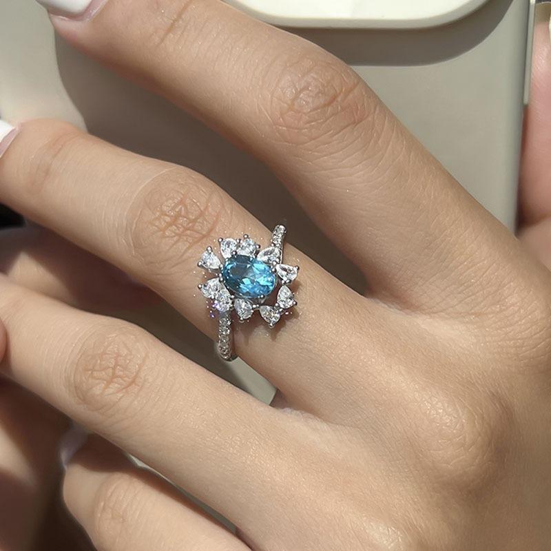 Кольцо с имитацией морского голубого топаза, роскошная замена, прямая трансляция с товарами, яркое, полное бриллиантов, кольцо с синим цветком, женское