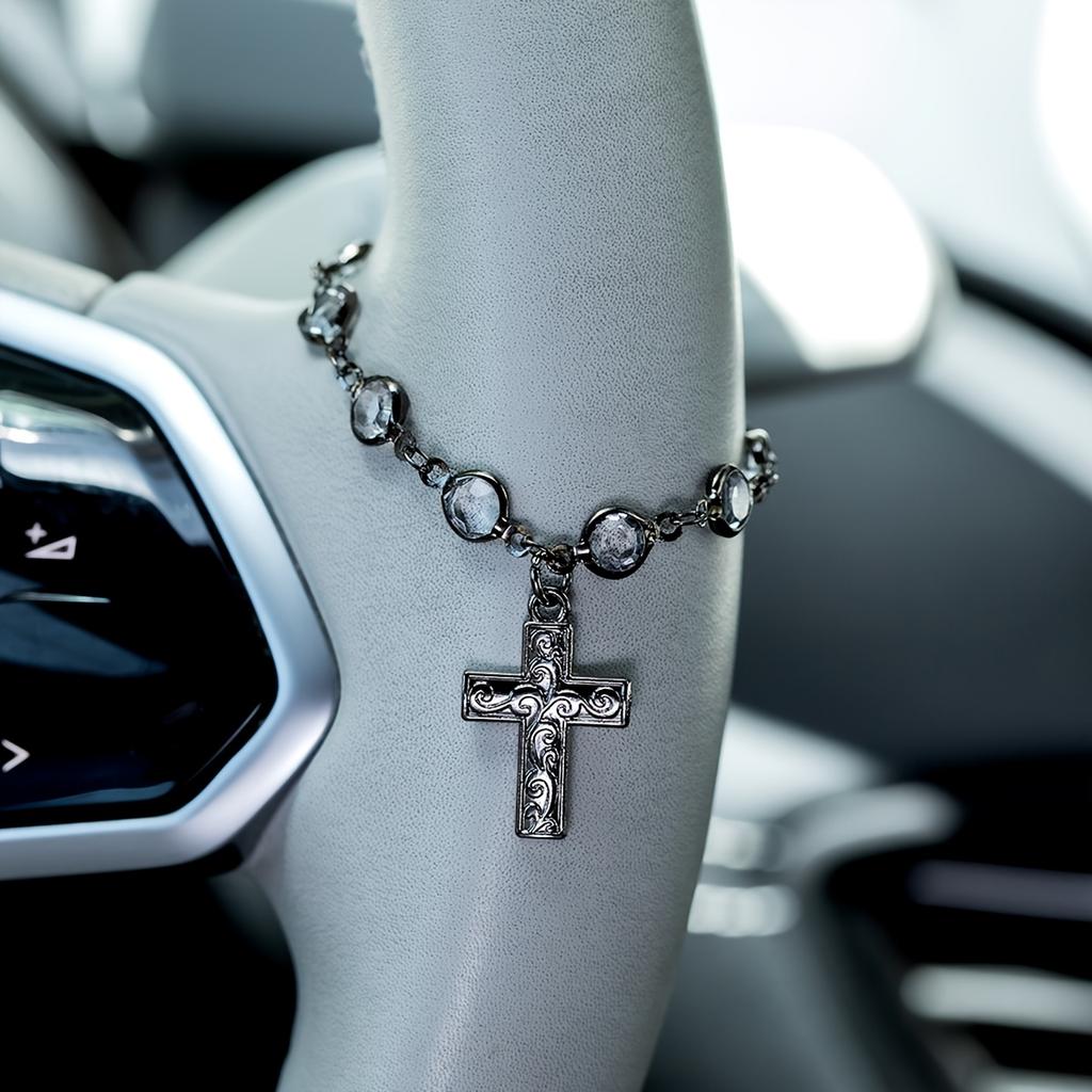 1Pc Vintage Minimalist Zircon Cross Pendant Car Steering Wheel Ornament, Gift for Car Lovers & Friends