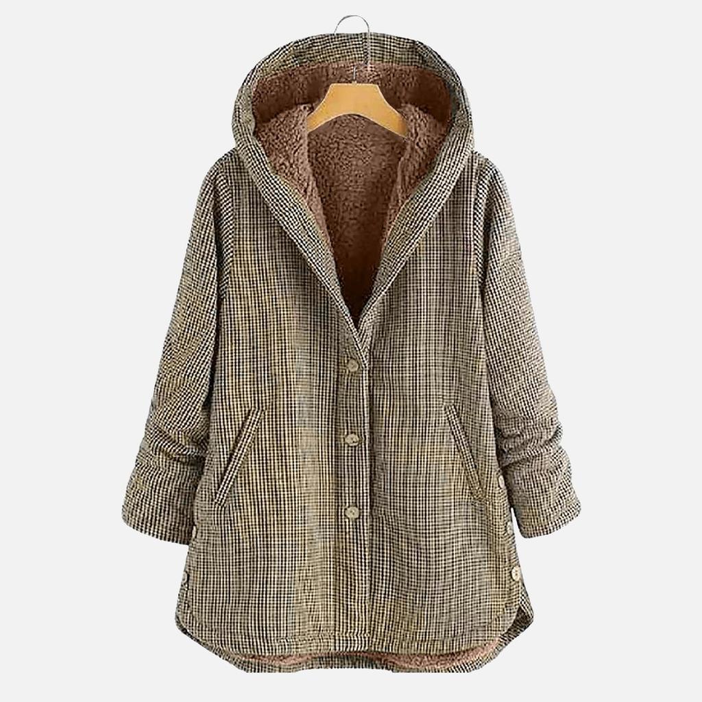 Plus Size Winter Warm Women Vintage Plaid Asymmetrical Button Hooded Outwearcoat
