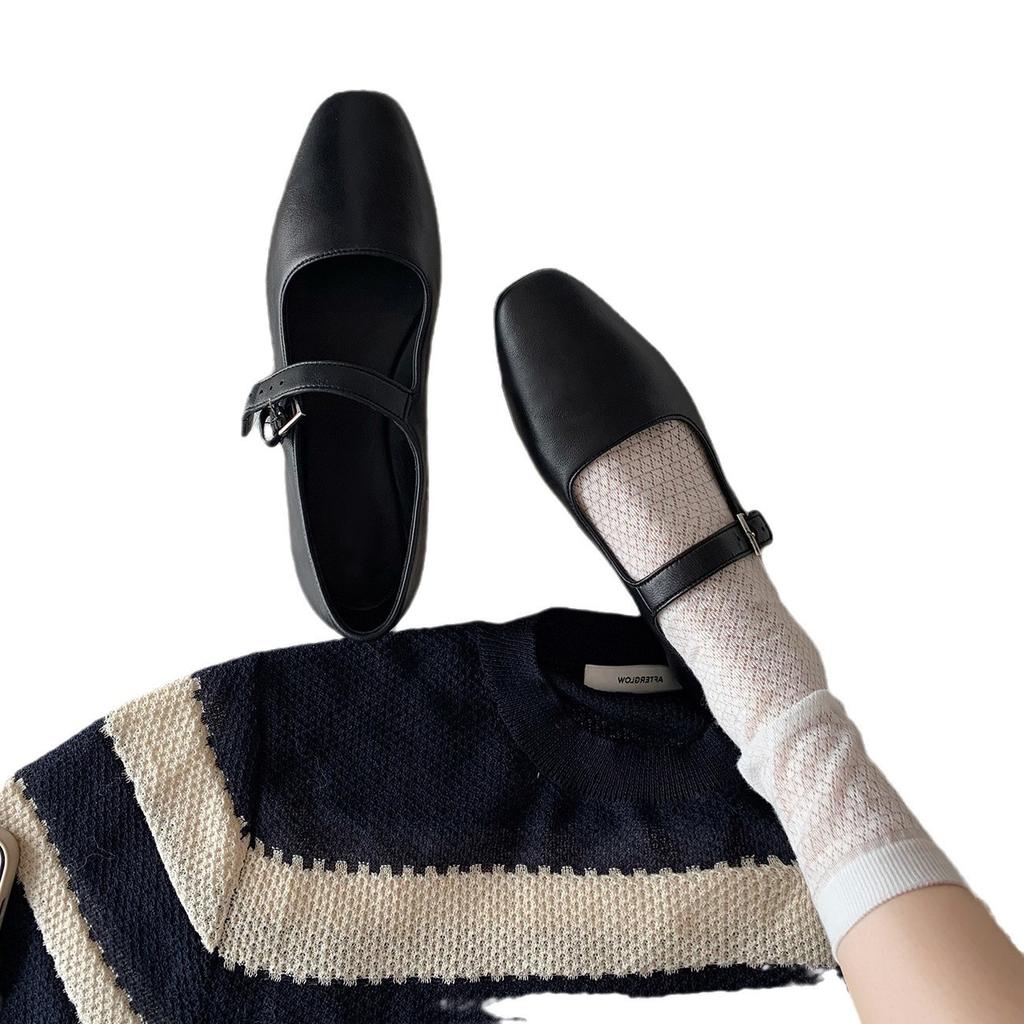 Cowhide Version~ Genuine Leather French Retro Mary Jane Shoes Women's Versatile One-word Buckle Shallow Mouth Flat Shoes Single Shoes Small Lea