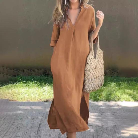 Летнее платье с рукавами три четверти, разрезами по бокам, свободным V-образным вырезом, платье миди