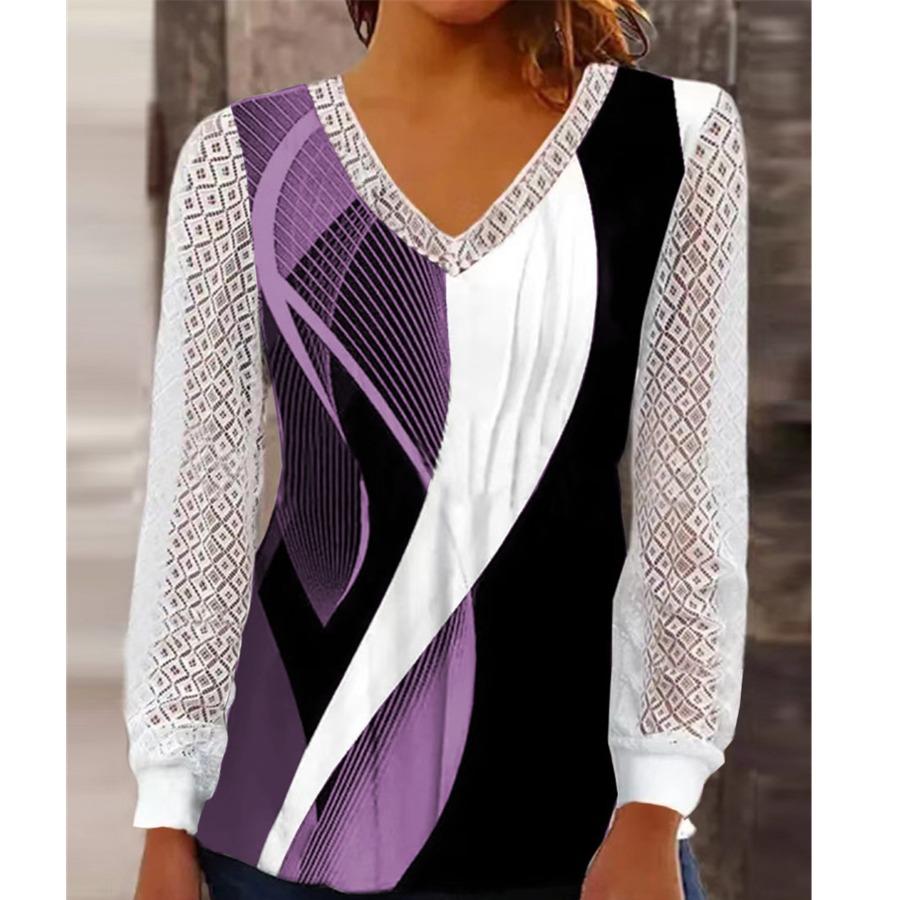 Осенне-зимняя женская блузка с v-образным вырезом, свободная кружевная лоскутная рубашка с принтом, женский топ