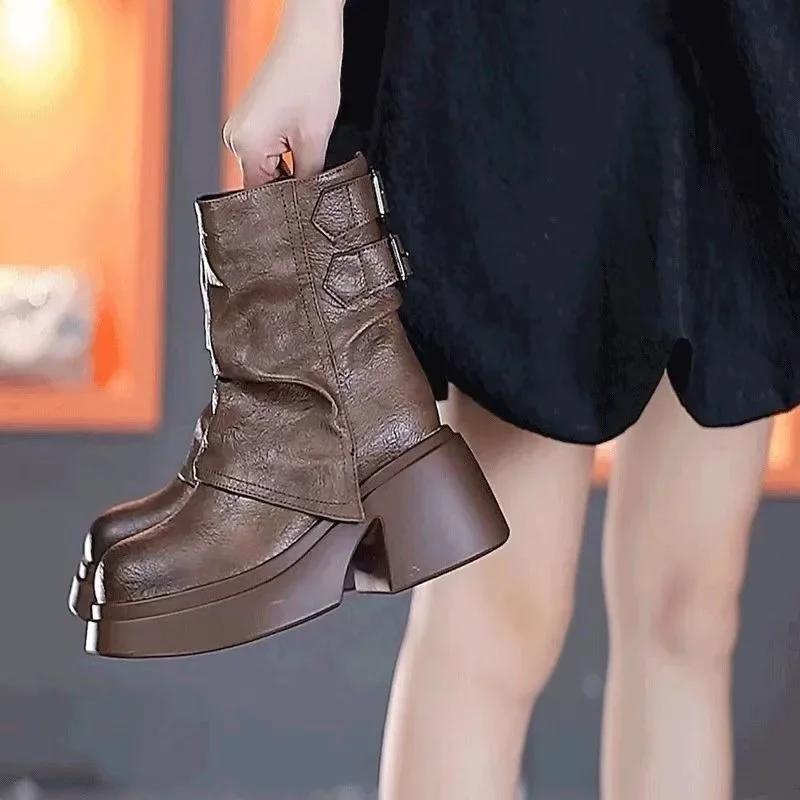 Hot Sale Belt Buckle Modern Boots Slip-on Winter 2024 Fashion Ladies Shoes High Quality Round Toe Solid Women's Boots