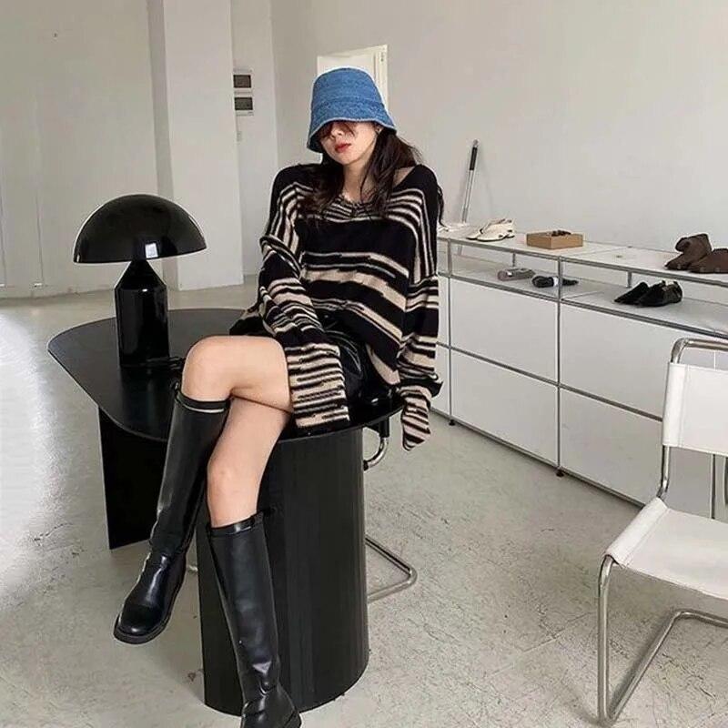 Полосатый вязаный свитер, женский винтажный свободный пуловер, полосатый топ с круглым вырезом и длинными рукавами, уличный трикотаж, Sueter Mujer, джемпер, весна-осень