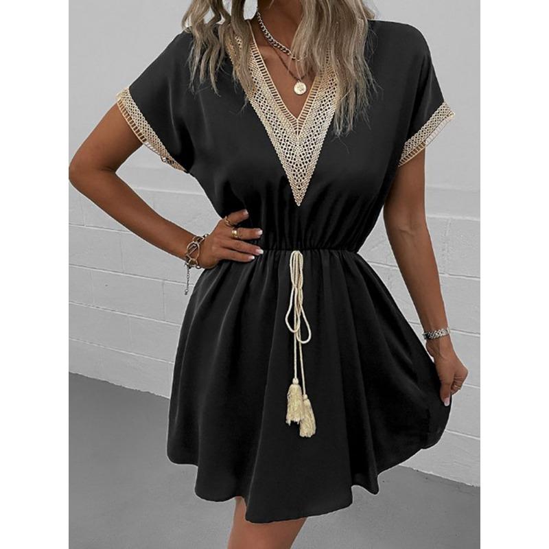 Women Vintage Mini Dresses 2023 Summer Fashion Solid V Neck Loose Lace Up Dress Female Casual Short Sleeve Beach Dress Vestidos