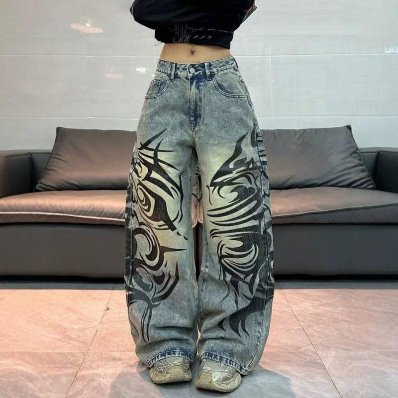 Womens Oversized Printed Denim Wide Leg Pants High Waist Streetwear Loose Fit Long Trousers
