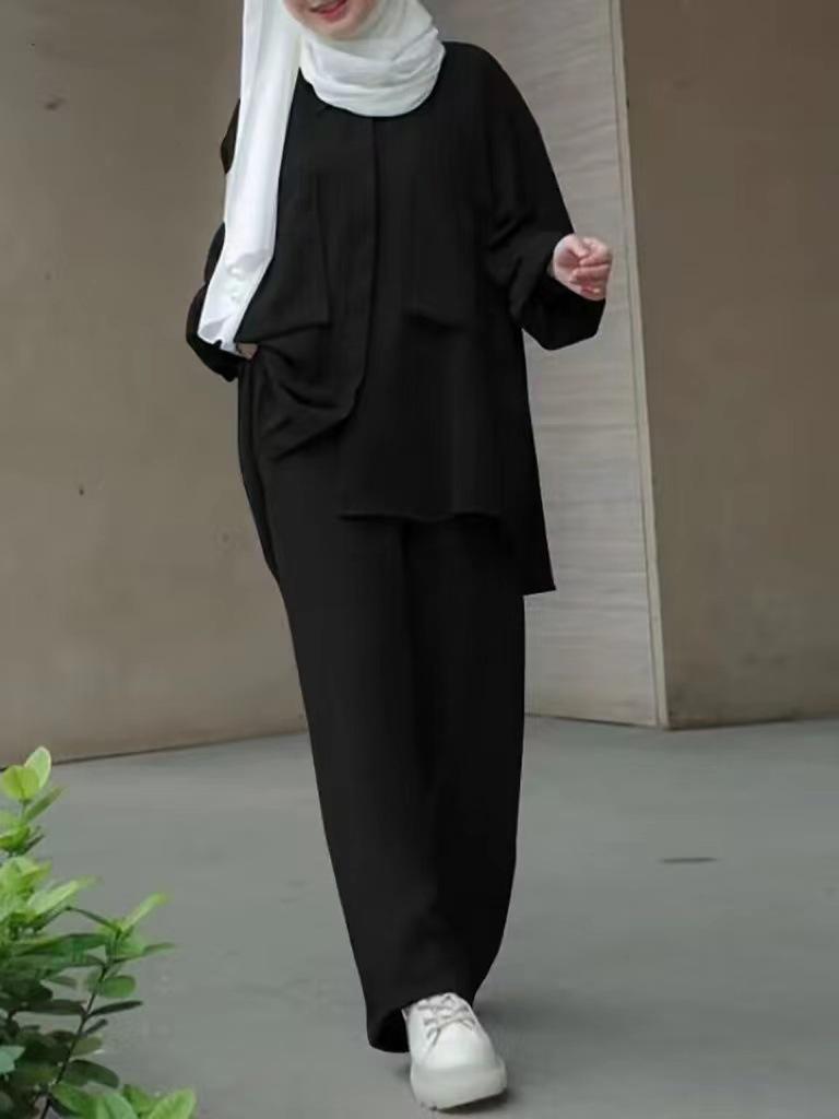 2024 Middle East Muslim Long Sleeve Shirt & Elastic Waist Pants Set with Patch Pocket & Hidden Placket, Yarn-Dyed