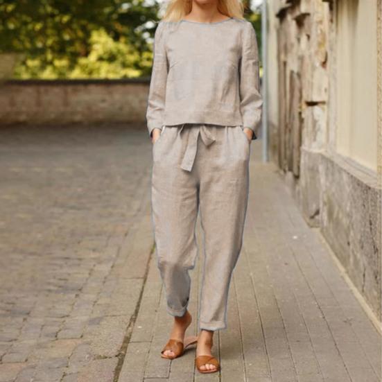 2 шт./комплект женский топ брюки комплект круглый вырез длинный рукав блузка винтажные эластичный пояс брюки повседневный досуг свободный наряд