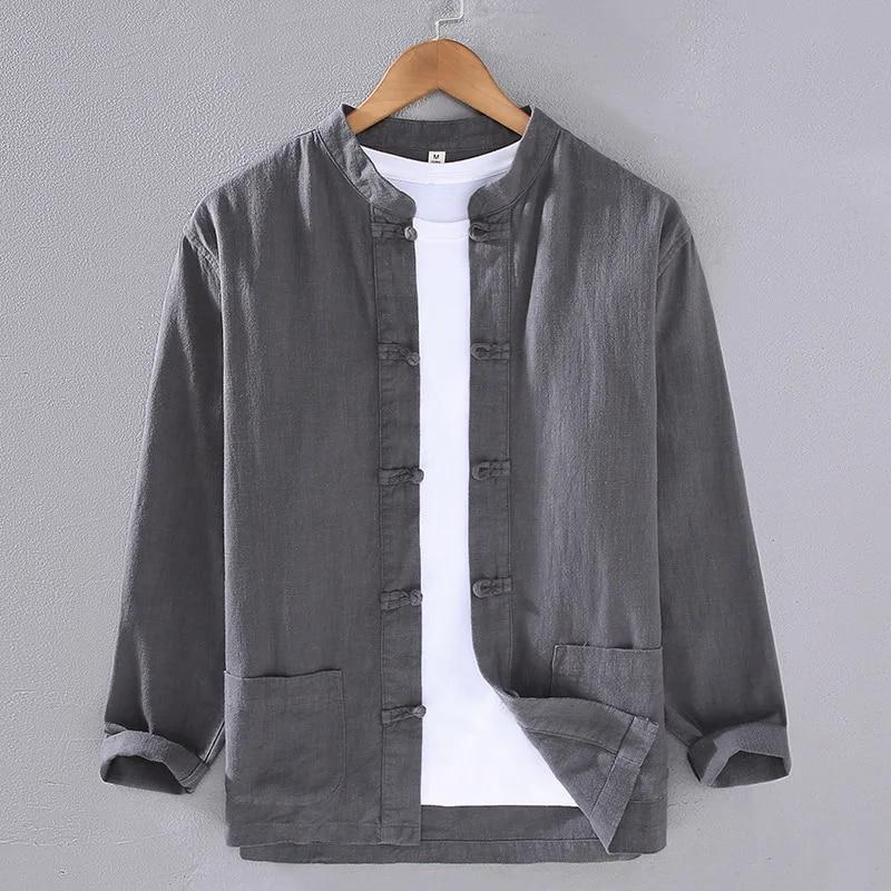 Мужские рубашки в стиле Тан, традиционные даосские рубашки в китайском стиле, весенняя мужская одежда, повседневные мужские топы из хлопка и льна с длинным рукавом
