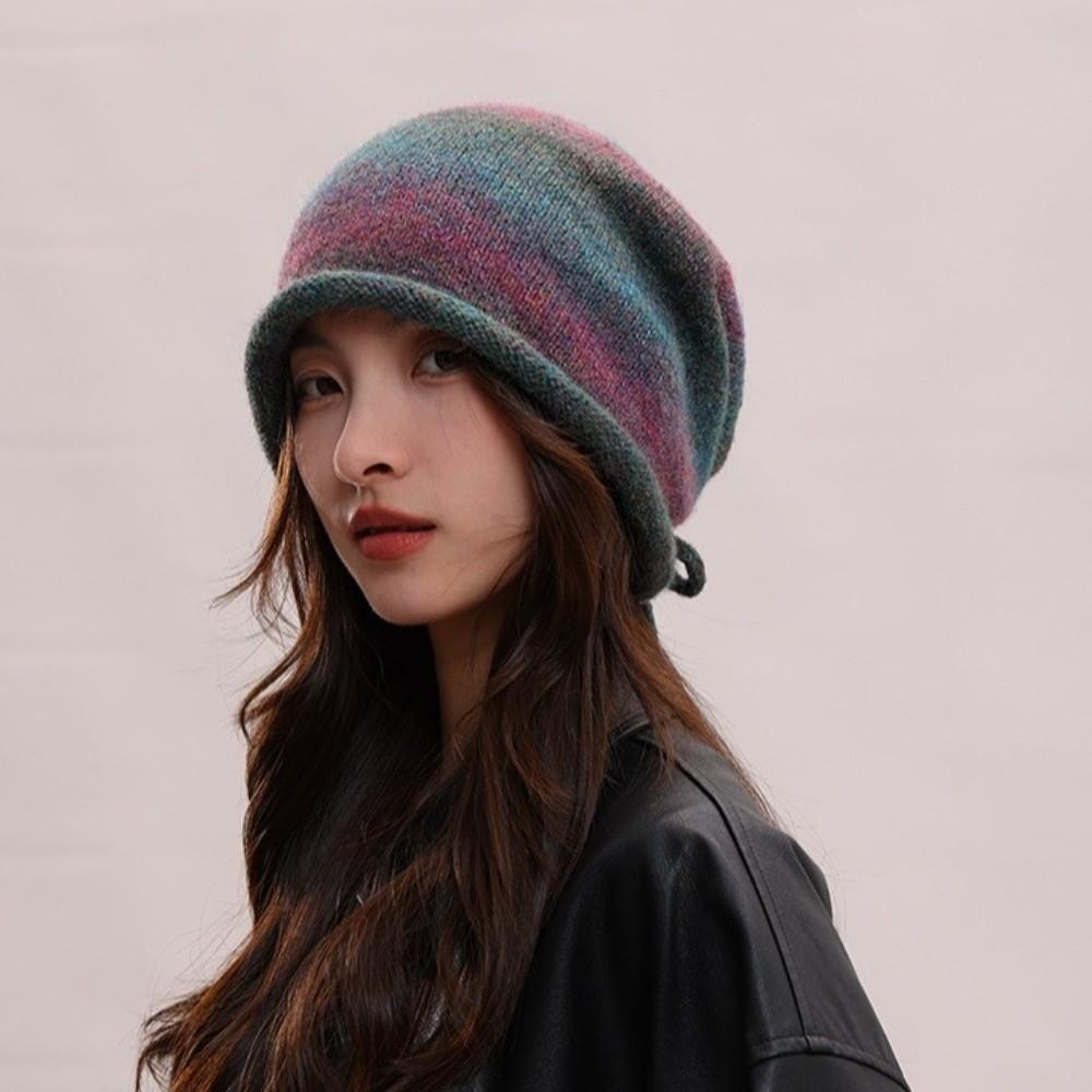 Gradient Color Knitted Stacked Hat Loose Pile Cap Personality Brimless Beanie Cap  Outdoor