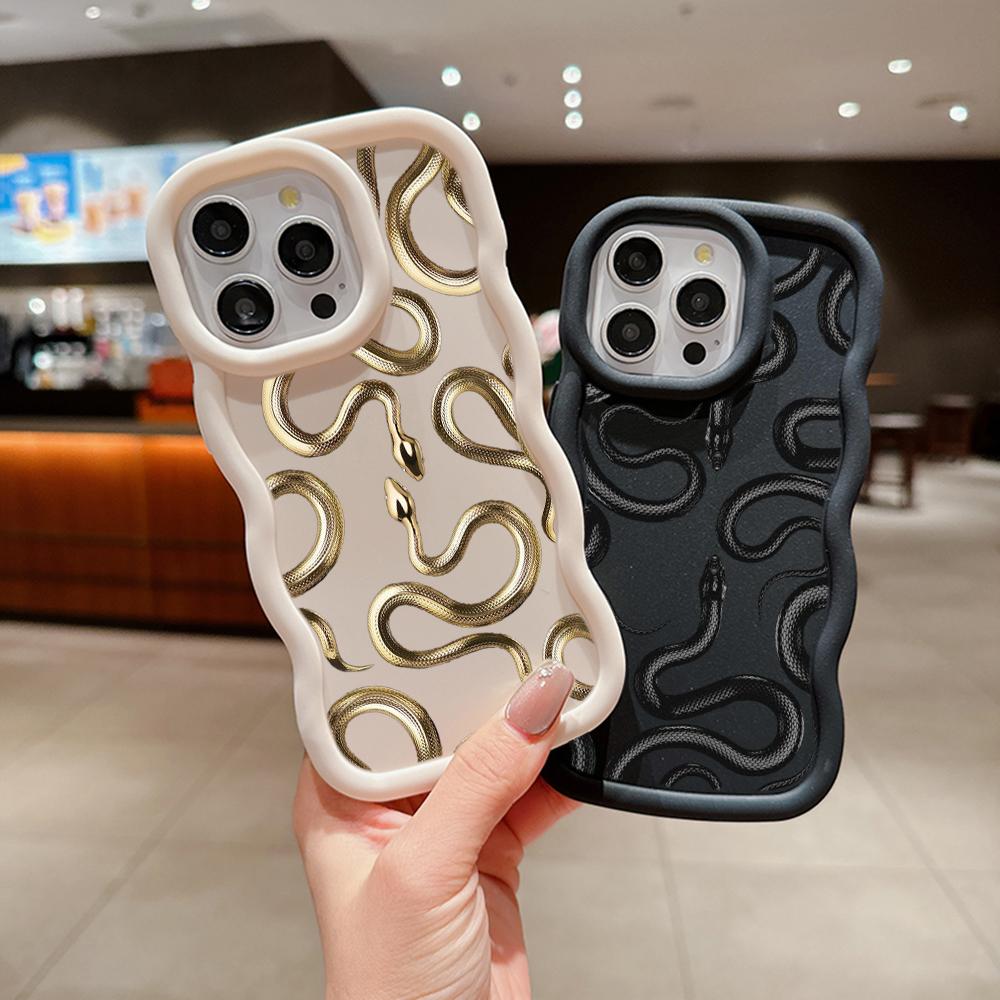 N72 Чехлы для телефонов N72 Black Gold Snake art Macaron с волнистыми краями для iPhone 15 Pro Max Samsung A54 A14 S23 S24 S23 Ultra S21 Redmi Note 13 Pro Противоударный чехол
