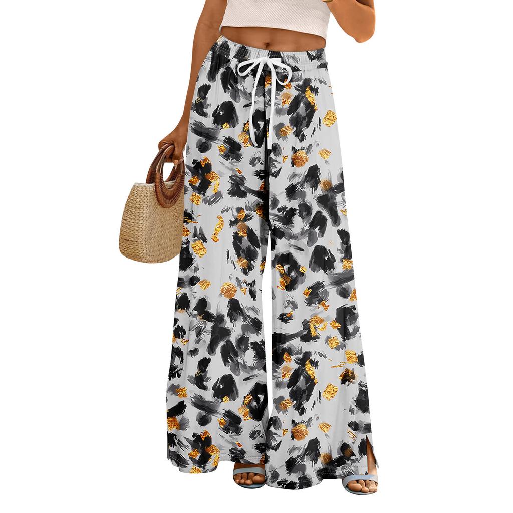 Women Summer Boho Palazzo Pants High Waist Wide Leg Rinting Casual Trousers With Pockets