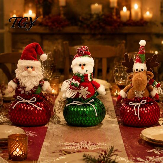 Decorative Storage Bowls Sequins Christmas Santa Claus/Snowman/Elk Ornaments with Candies Pocket, Elk Figurines for Red or Green Festive Figures