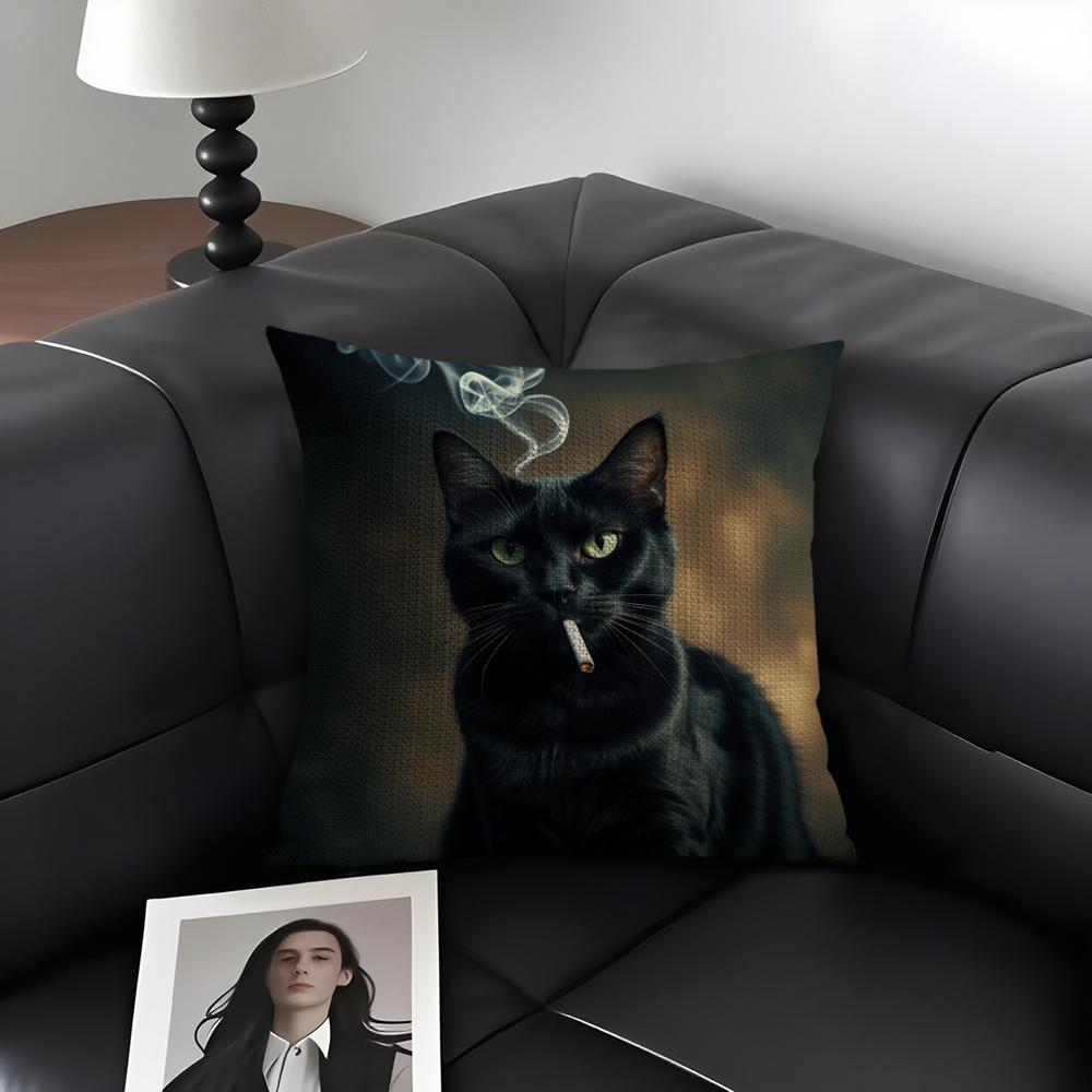 Black Cat Cushion Cover Natural Linen Organic Fabric DoubleSided Printing Sofa Home Decor Gift Pillow Case