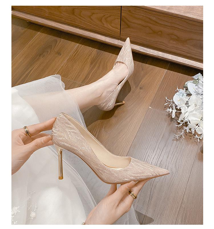 French High Heels Women's Stiletto 2024 New Internet Celebrity Hexiu Wedding Shoes Dress Bridesmaid Shoes Pointed Shallow Mouth Single Shoes