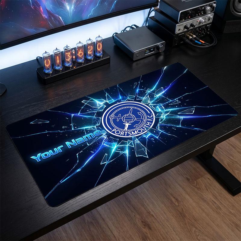 Portsmouth FC Custom Large Mouse Pad, Personalized Name Text Print, Football Logo Non‑Slip Desk Mat Gaming Gift