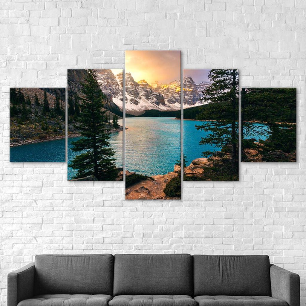Mountains Lake National Park Canvas 5 Piece Five Panel Wall Print Modern Art Poster Picture Home Decor Gift For Him For Her
