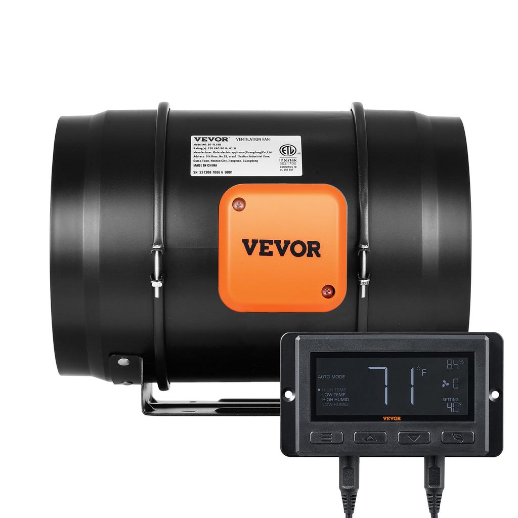 VEVOR Inline Duct Fan, 203.2mm 506.2 CFM with Temperature Humidity Controller, Quiet EC-motor Ventilation Exhaust Fan for Cooling Booster, Grow Tents