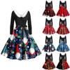 Women Vintage Long Sleeve Christmas Print 1950s Housewife Evening Party Prom Dress