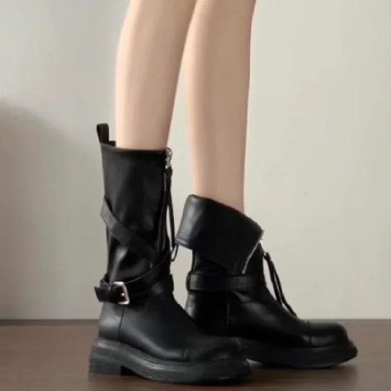 2024 Новые модные однотонные удобные высокие сапоги с пряжкой и декоративной молнией зимние теплые женские сапоги с круглым носком Zapatos