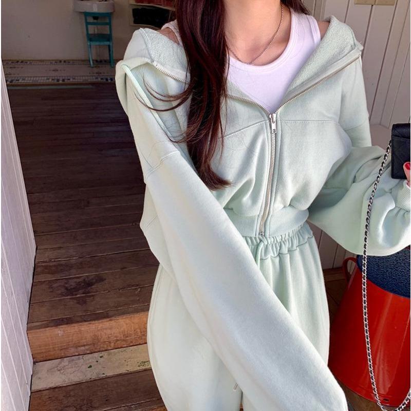Korean Hooded Cardigan Sweatshirt Set for Petite Women Solid Color Casual Loose Top High Waist Straight Leg Pants Two-piece Set