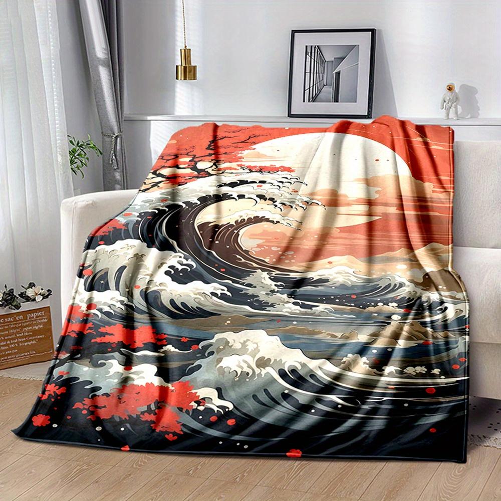 Japanese Wave Art Blanket Throw Cozy Ocean Sunset Anime Aesthetic Hokusai Print Decorative Plush Wrap Boho Style Couch Decor
