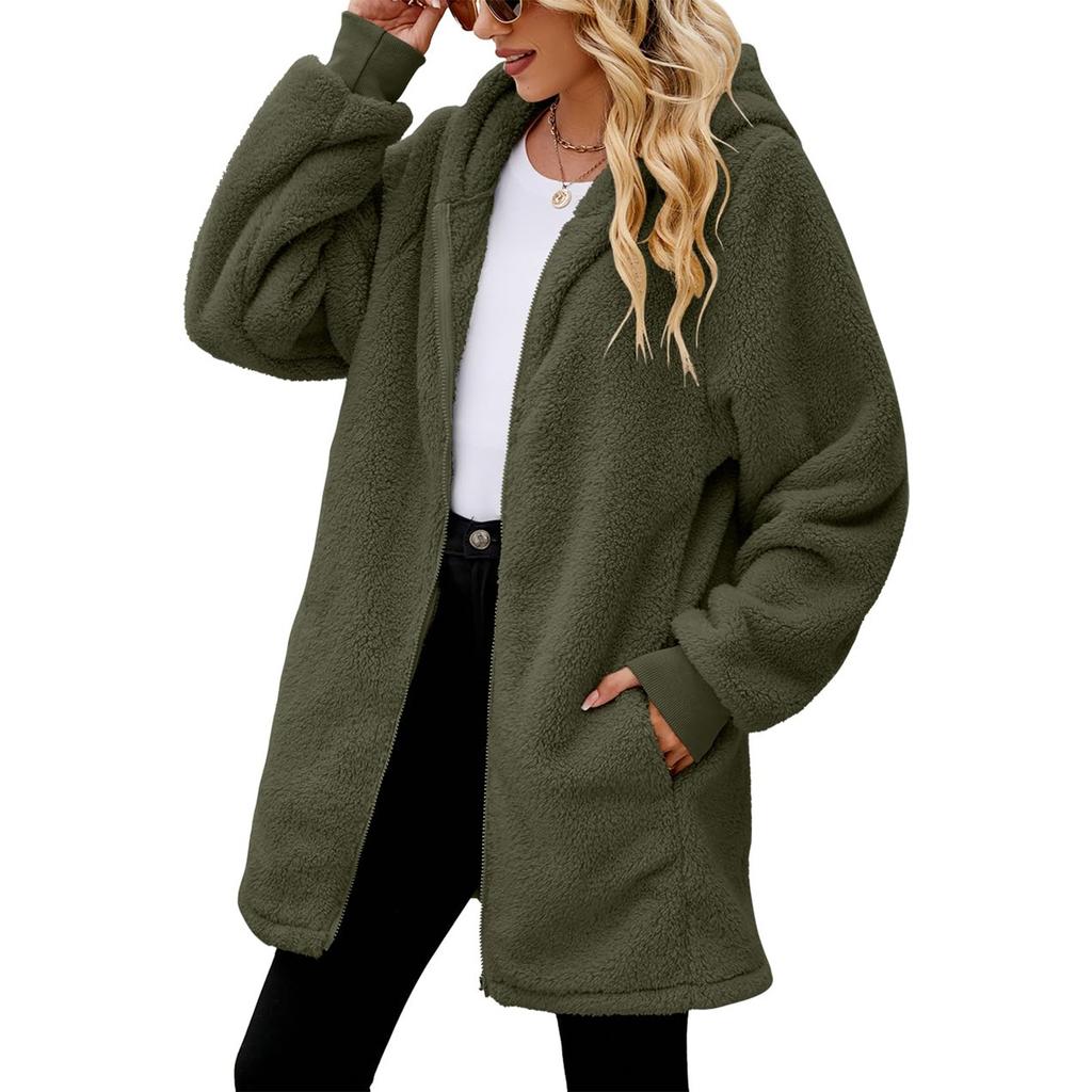 Women's Fashionable Coat Solid Color Long Sleeved Pocket Loose Hooded Zipper Plush  Jacket