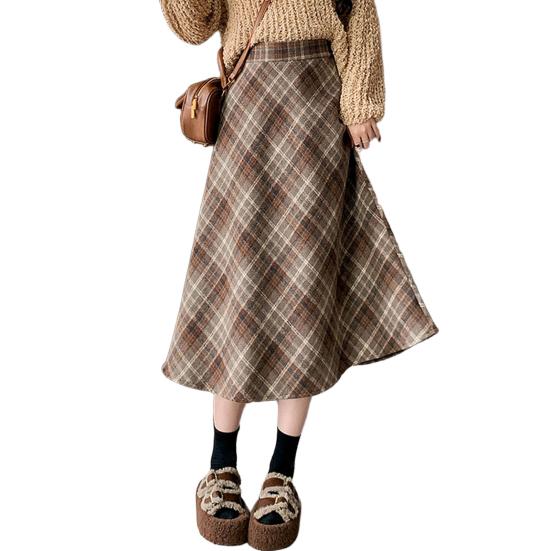 Women Midi Skirt High Waist A-Line Woolen Skirt Plaid Pattern Slimming Mid-calf Skirt Daily Home Street Wear
