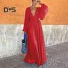 Women Evening Dress Deep V Neck Pleated Long Sleeves Solid Color High Waist Vacation Beach Party Maxi Dress Prom Long Dress