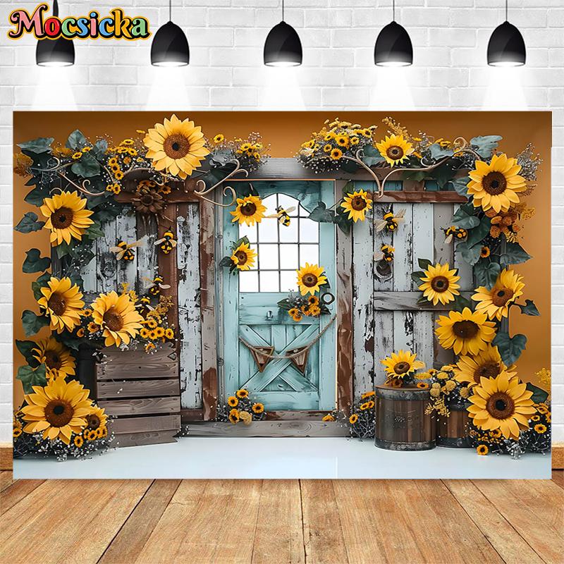 Mocsicka Photography Background Spring Sunflower Bee Kids Birthday Party Cake Smash Baby Shower Decoration Backdrop Photo Studio