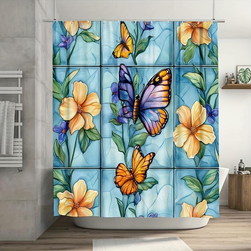 1PC Seamless Stained Glass Pattern Shower Curtain,Durable Polyester Fiber, Easy Clean, for Bathroom, Bathtub, Window Decor