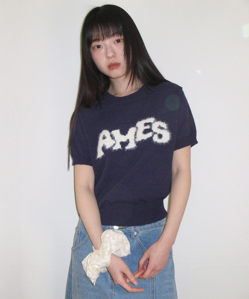 AMES-WORLDWIDE Hairy Logo Short Sleeve Knit Navy