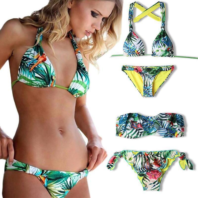 Exquisite Tropical Bikini Set With Green Leaf Print For Stylish Summer Swimwear