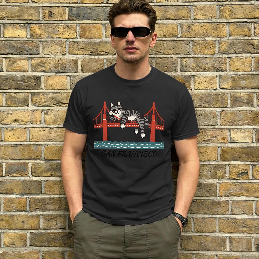 Ryan Gosling Cat San Francisco 100 Cotton T-Shirt For Man Summer Street Style T-Shirts Crewneck Leisure Tees Casual Tops