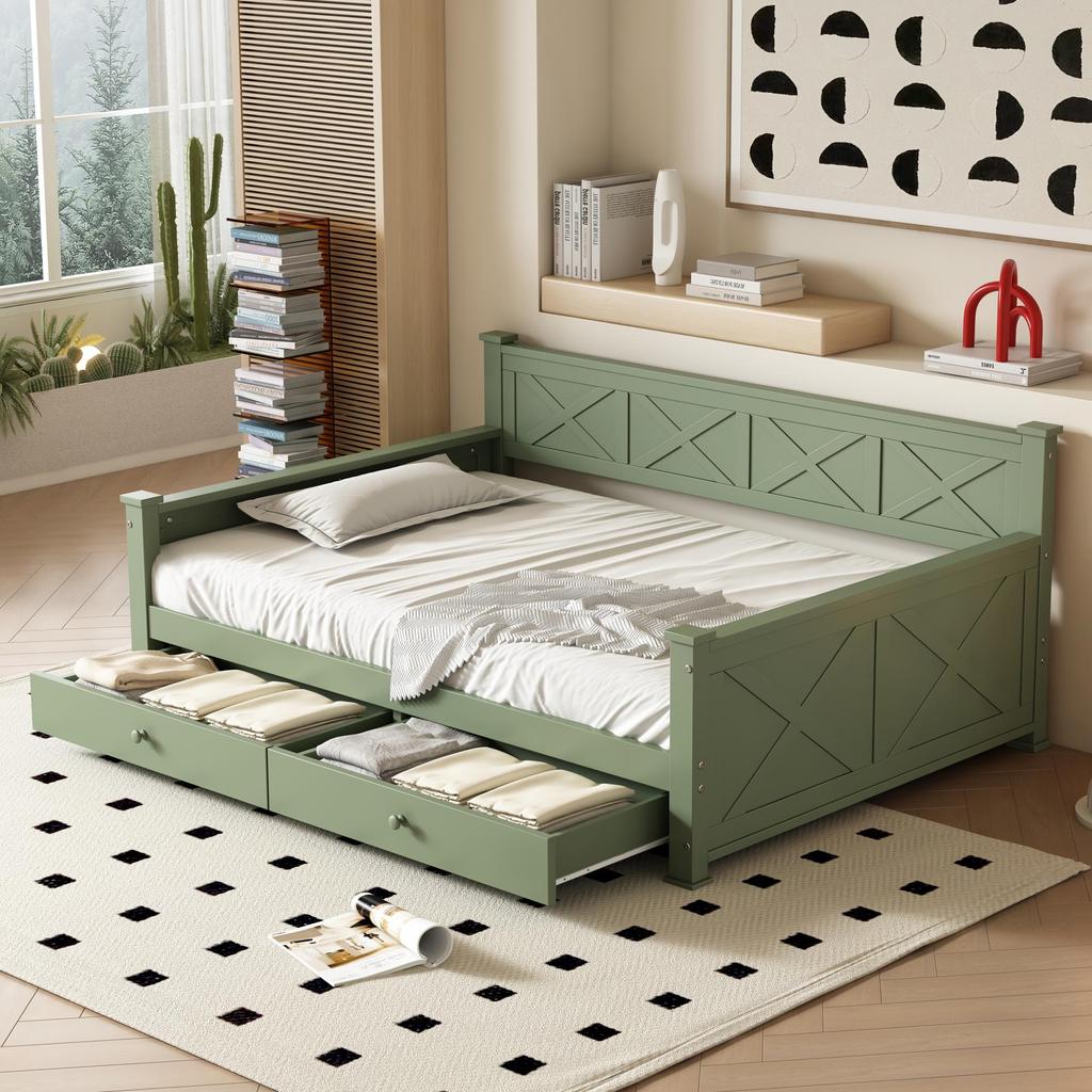 Sofa Bed Flieks 90x200 Daybed with Storage Space, Functional Bed with 2 Drawers, Green