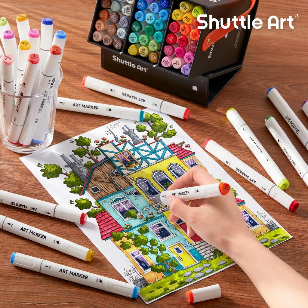 Маркеры Shuttle Art Illustration Marker с наконечником-блендером и футляром для переноски. Идеально подходят для раскрашивания и рисования. Для взрослых и детей. Отличный набор из 50 цветов