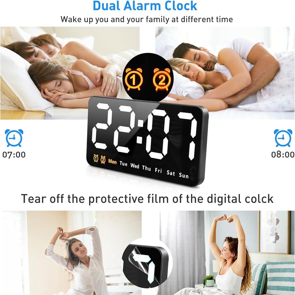 Большой светодиодный дисплей, будильник, 9,1-дюймовые настенные часы с 3 регулировками яркости, формат 12/24 ч, автоматическое затемнение, 2 функции повтора будильника