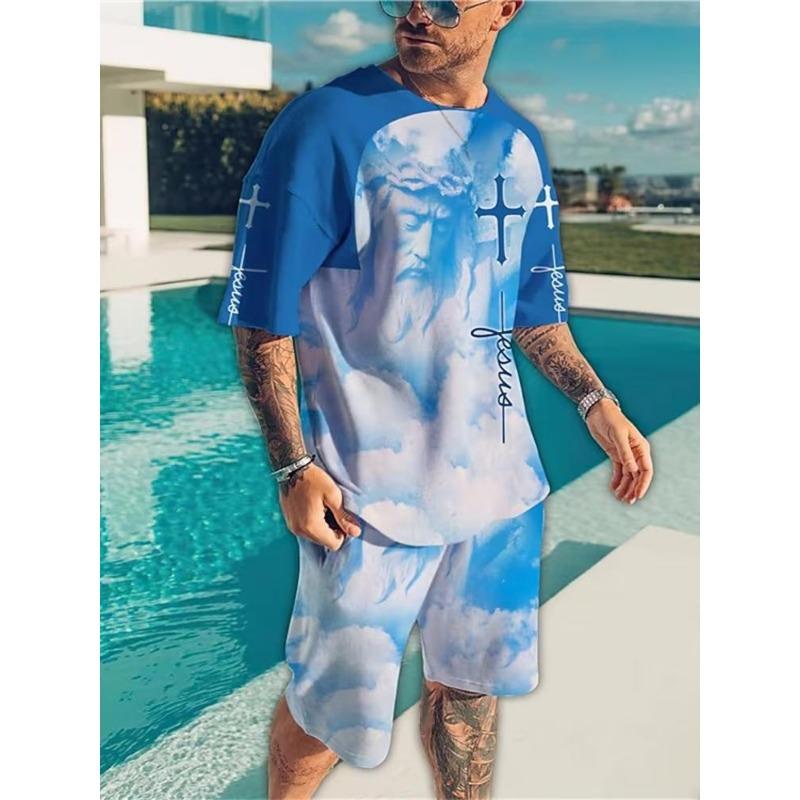 Модный Повседневный Отпуск Летний Мужской Костюм Принт Черепа 3D Спортивная одежда Костюм с коротким рукавом Футболка оверсайз с круглым вырезом Шорты 2 предмета